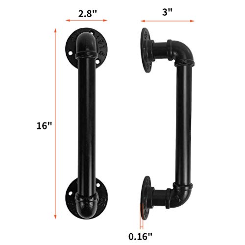 Homydom Industrial Pipe Door Pull Handle16 Inch Barn Door Handle Grab Bar, Towel Bar, Wall Handles For Elderly, Antique Rustic Cast Iron Handrail, Matte Black(2 Sets) #TOP1