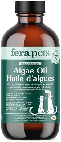 Fera Pets Algae Oil - Cats & Dogs Omega 3 Oil - Vegan - Immune, Heart, Brain, Skin and Coat Support - Includes Vitamin E, Organic Hemp Seed & Flaxseed - 100% Plant Based Omega-3s - 8 oz