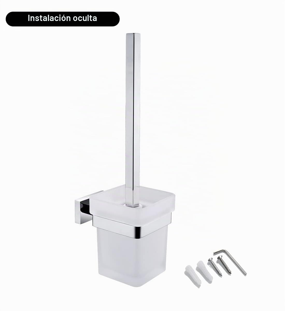 escobilla para Inodoro Cuadrada de Vidrio, escobilla para Inodoro de Pared cromada, Juego de Inodoro portaescobillas de Acero Inoxidable Montaje en Pared con Soporte de Pared Perforado