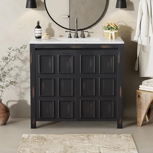 THINK 30 36" Espresso Bathroom Vanity with Sink,Farmhouse Vanity with Ceramic Sink Set, Vintage Bathroom Storage Cabinet