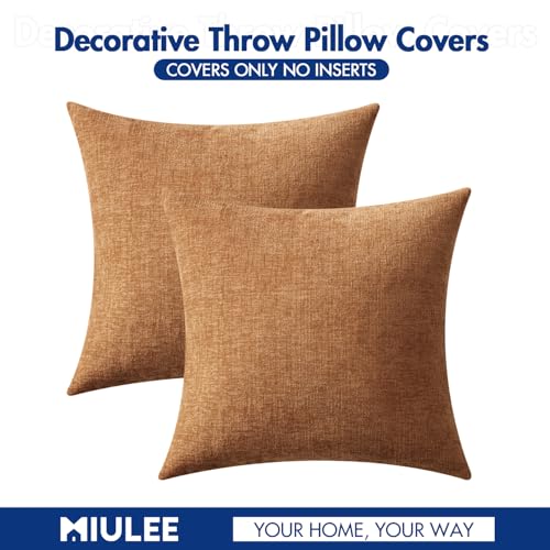 Image of MIULEE Pack of 2 Brown Throw Pillow Covers 18x18 Inch Soft Chenille Pillow Covers for Sofa Living Room Couch Solid Dyed Cases