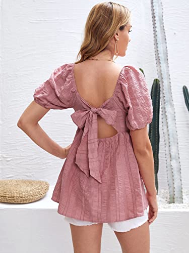 Oyoangle Women's Maternity Top Puff Short Sleeve Ruched Tie Back V Neck Elegant Cut Out Tunic Blouse Shirt Pregnancy Clothes Dusty Pink M #TOP1