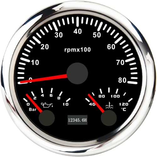Tachymètre 85mm 0-8000 RPM avec manomètre d'huile et température d'eau 12V 24V