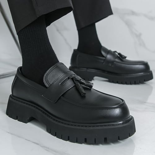 Image of Mens Leather Slip-On Platform Dress Tassels Loafers Non-Slip Low Top Round Toe Chunky Penny Shoes for Business Casual Dress Prom Party