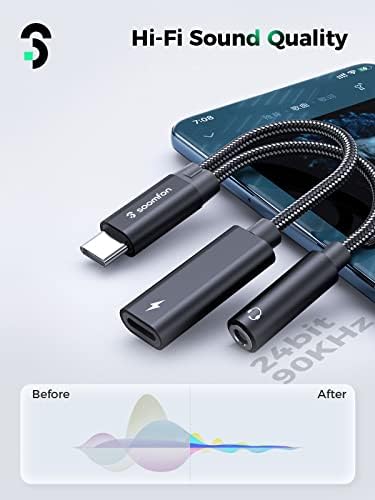 SOOMFON USB C to 3.5mm Jack Headphones and Charger Adapter , 2 in 1 USB Type C to Aux Adapter with PD 60W Fast Charging Cable, for for iPad Pro 2020, Galaxy S20+, Pixel 4 XL and More(Black)