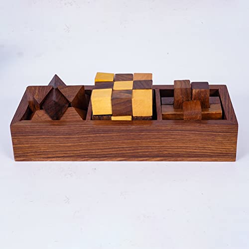 Shalinindia 3 In One Wooden 3D Puzzle Games Set Teens And Adults Includes Wood Interlocking Blocks Diagonal Burr And Snake Cube In Storage Box #TOP2