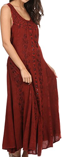 Image of Sakkas Maya Floral Embroidered Sleeveless Button Up Rayon Dress