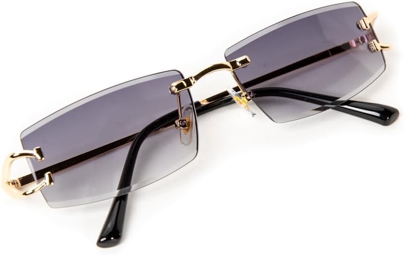 Street Knitted Men Women Stylish Narrow Rimless Purple Gradient Tinted Lens Rectangular Gold Frame Shades 90s Rectangular Slim Small Frameless Retro Trendy Hip Hop Square Unisex Sunglasses - Image 4