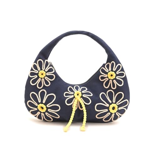 Image of Boho Girl Indigo Blossom Tote Bag - Navy Blue Floral Handbag for Women with Embroidered Flowers, Padded Handle & Ribbon Detail - Chic Shoulder Bag for Travel, Brunch