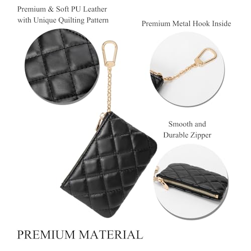 Quilted Leather Coin Purse with Keychain - Small Coin Pouch Key Pouch Small Card Holder Keychain Wallet Change Purse for Women and Men (Black)4