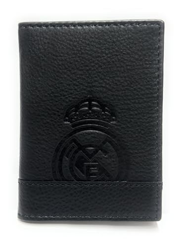 Cartera Oficial del Real Madrid - Piel 100% Legítima con Protección RFID, Diseño Exclusivo con Escudo del Club. Regalo para Hombre. (PORTACARNETS Negro)