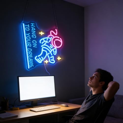 Image of inchHang on to Your Dreams inch Tired Astronaut Neon Light - Motivational Space Themed LED Wall Art, Dimmable USB Night Light with Hanging Kit, Inspiring Study Bedroom Decor Gift for Students & Dreamers