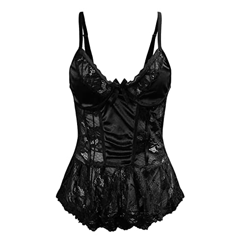 Vintage Retro Sexy Plus Size Women Strappy Velvet Bodysuit with Garter Babydoll Lingerie Chemise Nightwear Corset Tops Sexy V Neck Bowknot Bodycon Teddy Underwear Temptation Sleepwear Nighty Black