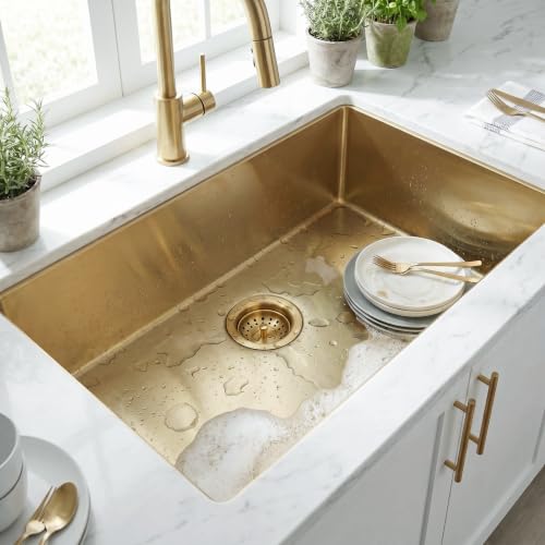 LQS Kitchen Sink Drain Assembly, Sink Drain Basket Strainer 304 Stainless Steel with Removable Sink Strainer Basket and Stopper 3-1/2-inches Gold by LQS - Used condition - Image 7