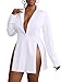 LYANER Women's Button Down Shirt Dress Collar V Neck Long Sleeve Slit Sexy Shirt Dresses White Small