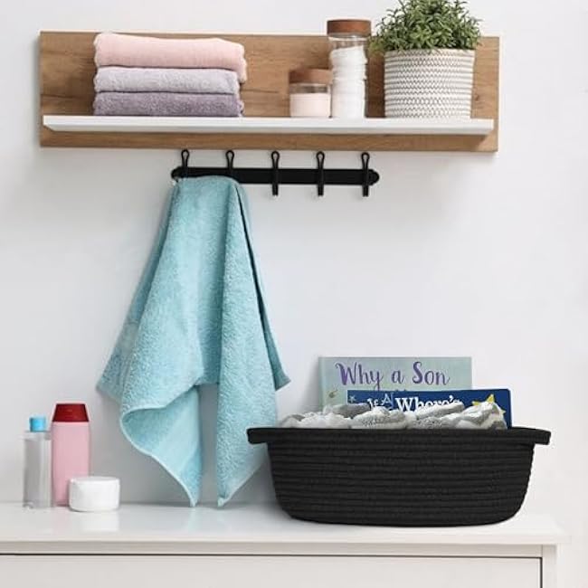 Black Woven Basket, 13¡± x 9¡± x 5¡± Cute Dog Toy Basket, Soft Cotton Rope Storage Box, Cat Toy Bin, Baskets for Gifts Empty, Small Baskets for Organizing, Decorative Basket