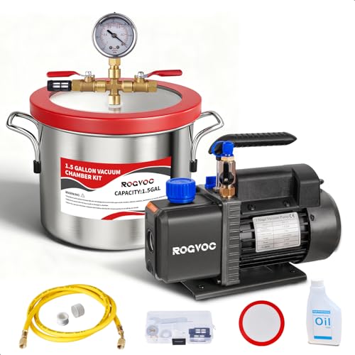 ROGVOC 1.5 Gallon Vacuum Chamber Kit with 3.5 CFM Vacuum Pump, Stainless Steel Degassing Chamber with Acrylic Lid, Hose, for Resin, Silicone, Epoxy and Wood Stabilizing