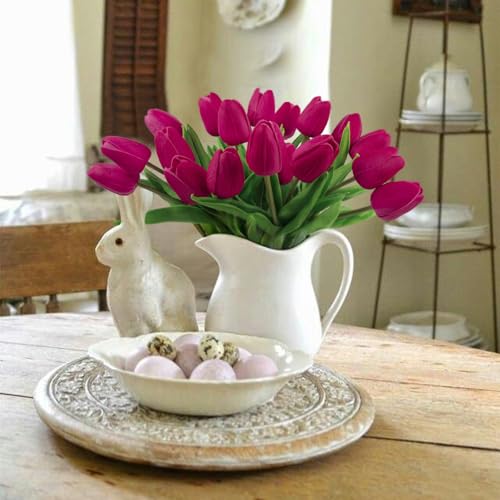 Beferr 18pcs Tulips Artificial Flowers Faux Tulip Real Touch Fake Flowers Bouquets Arrangements for Mothers Day Easter Spring Flowers Gifts Home Table Decor Rose Red