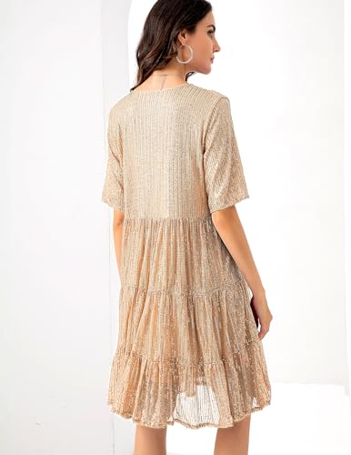 Image of Sequin Babydoll Summer Dress，Sparkly Glitter Dress Short Flowy Tiered Tunic Dress for Women Party Club Night