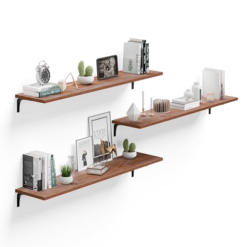 Image of Deep Floating Shelves, 12 Inch Extra Wide Solid Wood Wall Shelves, 48 Inch Long Heavy Duty Wall Mounted Bookshelf for Living Room, Kitchen and Bedroom, Set of 3 (Brown)