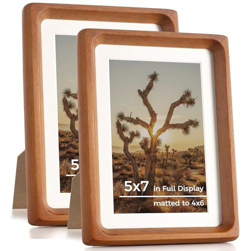 RICHFOCUS 5x7 Picture Frame USA-Sourced Natural Teak Solid Wood Photo Frame Handcrafted Rounded Corner Wooden Frame with Real Glass Display Photos 4x6 with Mat or 5x7 Without Mat, 2PCS