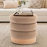 COLAMY Velvet Ottoman Footstool, Tufted Modern Foot Rest Stool with Wood Base for Living Room, Bedroom, Desk, Round Versatile Side End Table, Pouf, Makeup Seat, Camel