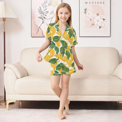 senya Yellow Leaf Satin Summer Pajama Sets Silk Short Sleeve Button Down Sleepwear4