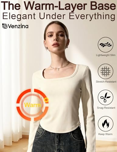 Image of Venzina Women's Thermal Top Double-Sided Fleece Long Sleeve T-Shirt Warm Soft Stretchable Slim Fit Base Layer for Fall & Winter I Casual, Office