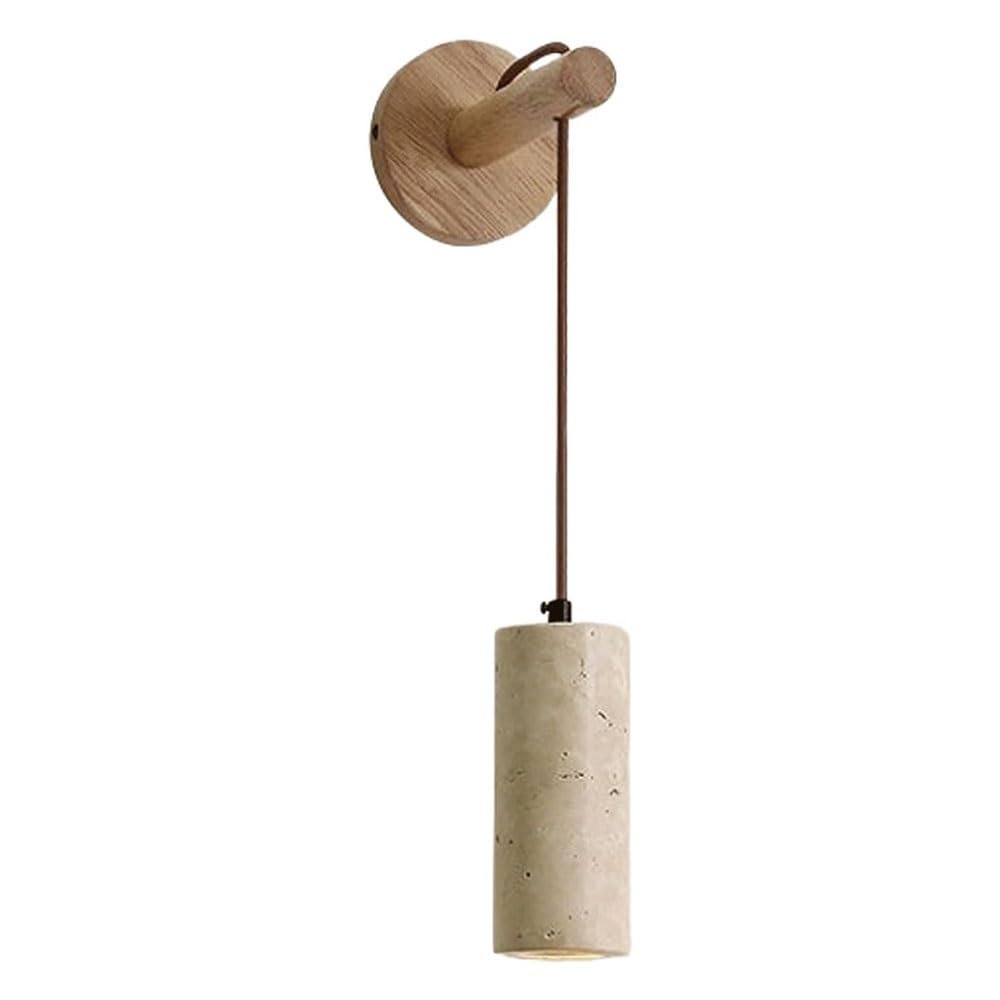 FEITENGDA Japanese Cylindrical Travertine Wall Sconce Modern Wood Base Decor Wall Mount Lamp Minimalist Stone Bedside Reading Wall Lamp for Bedroom Living Room Hallway