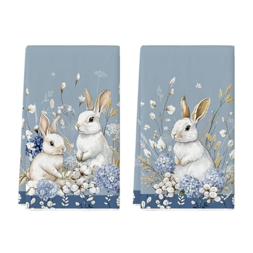 Artoid Mode Bunny Hydrangea Easter Kitchen Towels Dish Towels 18×26 Inch Spring Farmhouse Wild Flowers Decoration Hand Towels Set of 2