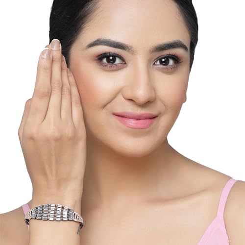 Image of ZENEME Rhodium-Plated Silver Toned American Diamond Studded Contemporary Kada Bracelet For Girls and Women