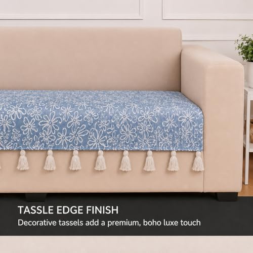 Image of STITCHNEST 'Verdant Phool Stories' 2 Seater Sofa Cover| Elegant Jacquard Fabric, Decorative Tassels, Washable & Durable for Modern Living