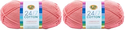 Image of Lion Brand 24 /7 Cotton Yarn, Lightweight Yarn for Knitting, Crocheting, and Crafts, Pink, 2 Pack