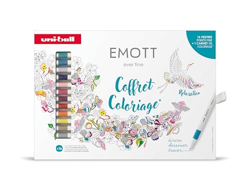 uni-ball EMOTT Mitsubishi Pencil - Coffret de Coloriages Relaxants - 16 Feutres + 1 Carnet de Coloriage A5 - Pointe Fine Blanche 0,4 mm - Tracé précis - Dessin, Scrapbooking, Doodling, Rédaction