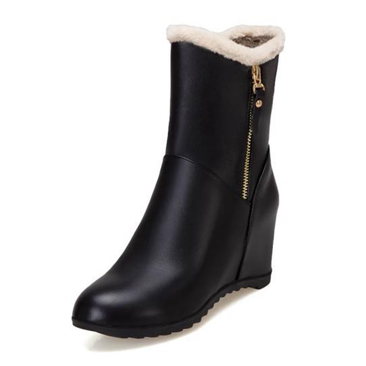Womens Winter Fur Mid Wedges Ankle Boots Round Toe Side Zipper Hidden Heels Dressy Short Booties