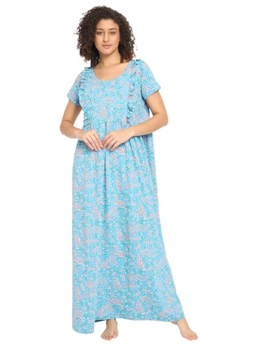Image of Clovia Women's Rayon Printed Long Night Dress - Blue