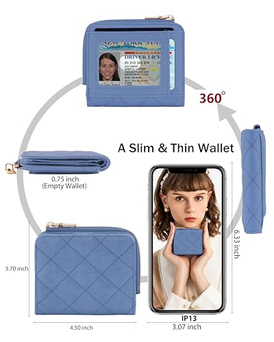 Small RFID Bifold Wallet for Women Slim Card Holder with Zipper Coin Pocket & 2 ID Windows,Compact Gift Wallet (Blue)2