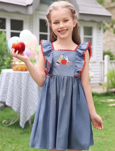 ODOLDI Kids Girls Back to School Dress Denim Style Flutter Sleeve Square Neck Embroidered Ruffle Dress2