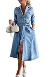 chouyatou Women's 2025 Long Sleeve Belted Denim Shirt Dress A-Line Business Casual Midi Long Denim Coat (XX-Large, Blue)