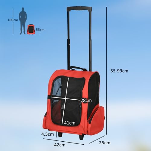 PawHut Hundetrolley Transporttasche Tragetasche für Tiere 2in1 Rucksack und Trolley 35x27x49 cm rot