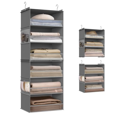 SONGMICS Étagère Suspendue, Penderie, Pliable, Gain de Place, Crochets en Métal, Plaque de Renfort en Bambou, Gris Tourterelle RCH007G01