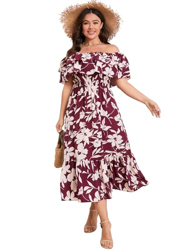 Image of KOJOOIN Women Plus Size Off Shoulder Maxi Dress Ruffle Flowy Casual Summer Boho Long Dresses