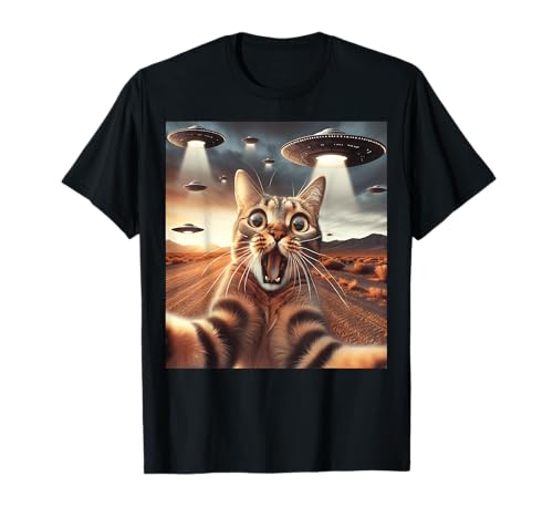 Funny Cat Selfie with UFO Alien Cat Lover UFOs Meme T-Shirt