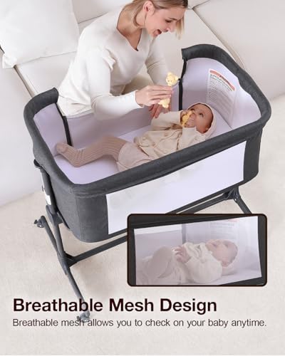 Larex Baby Bassinet, 3 in 1 Bassinets Bedside Sleeper Crib Sleeper for Newborn, Portable Crib Adjustable 7 Height Bedside Bassinet with Mattress and Movable Wheels,Breathable Mattress&Mesh(Dark Grey) - Image 3