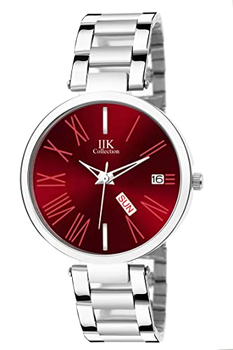 Image of IIK COLLECTION Watch for Women Round Studded Dial |Day and Date Quartz Movemnet |Long Battery Life|Stainless Steel Bracelet Chain Strap|Double Lock Clasp Safety Watches for Girls