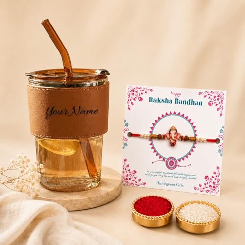 Image of Personalized Name Glass Tumbler with Cute Ganesha Rakhi Gift Set for Raksha Bandhan | Custom Engraved Sipper Cup with Designer Rakhi, Roli Chawal Gift for Brother