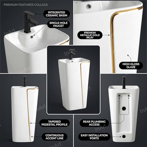 Image of InArt One Piece Ceramic Pedestal Free Standing Round Wash Basin for Living Room and Bathroom (17 x 14 x 34 Inch, White Gold Glossy)