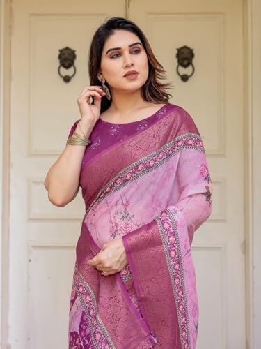 Image of ALMAARI FASHION Floral Printed Cotton Saree for Women with Handloom Zari Weave, Traditional Lightweight Ethnic Saree for Wedding Festive Office Party with Blouse Piece (LINEN 81-90 SH)