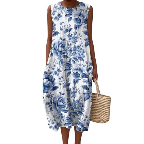 Robe Été Femme Grande Taille Fleurie Lin Sans Manches Trapèze Coton Ample Col Rond Longue Fluide Décontractée Bohème Tunique Élégante Chic Casual...