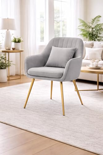 Image of Velvet Chair for Home | Modern Accent Armchair in Soft Velvet Fabric with Golden Legs | Set of 2 Premium Accent Chair for Living Room Bedroom Restaurent | (Light Grey 1pc, Standard)
